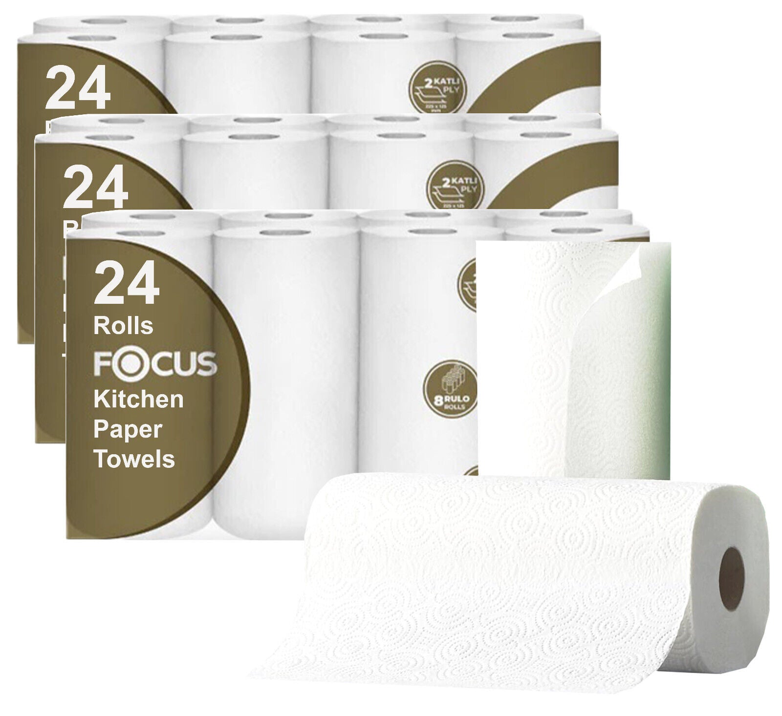 Kitchen Rolls Paper Towels Super Strong White 2 Ply Embossed Absorbent 24 Rolls