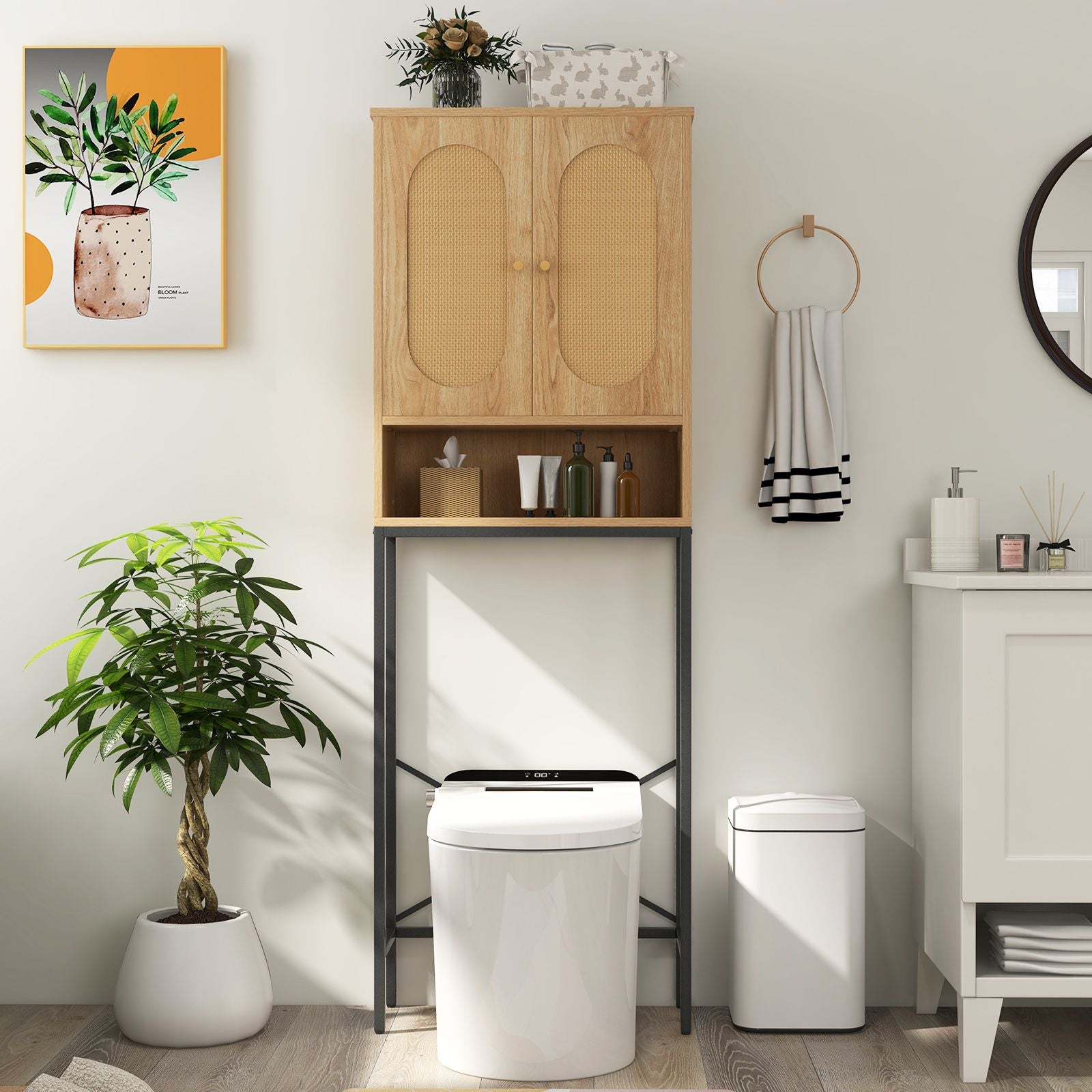 Over the Toilet Freestanding Toilet Storage Cabinet with Rattan Doors