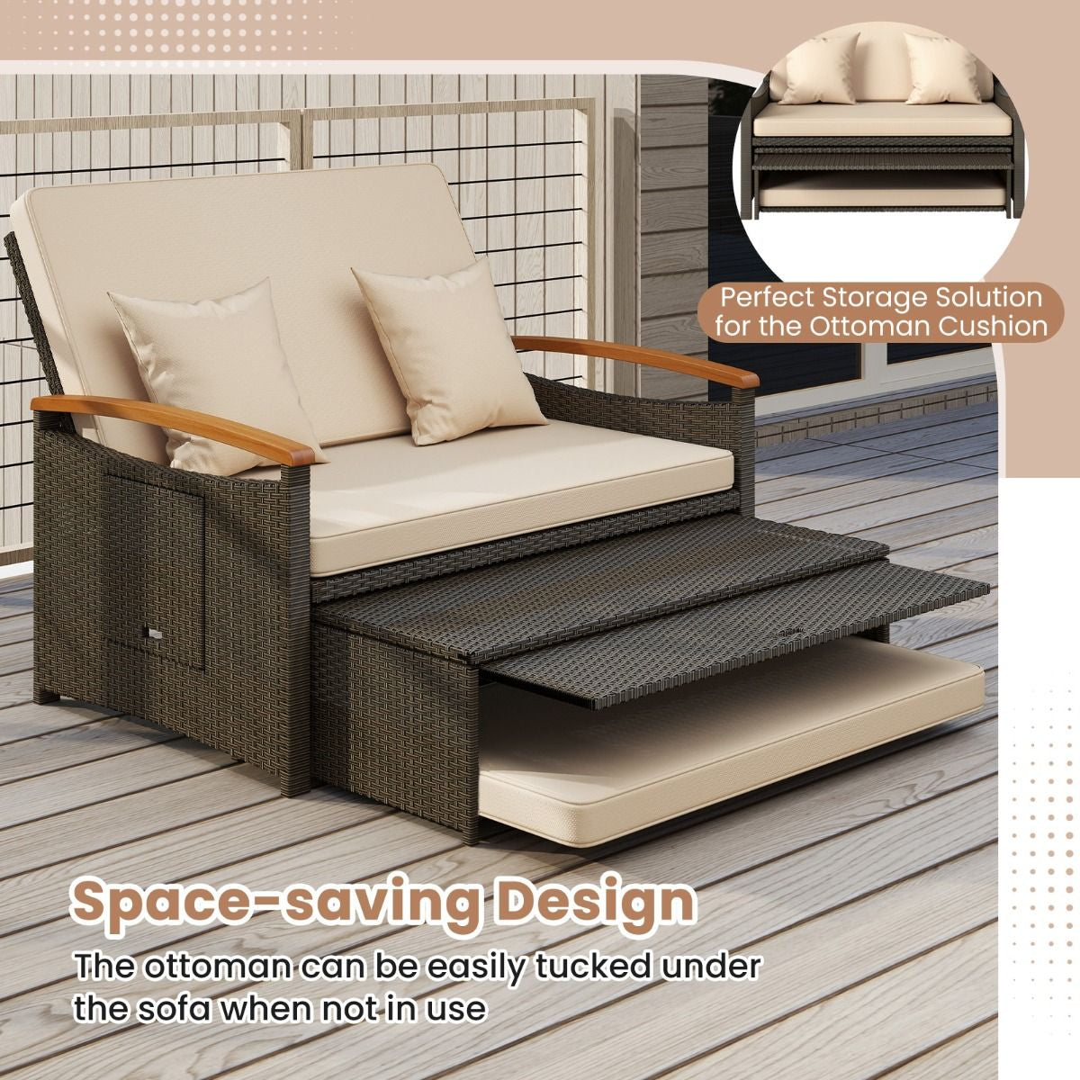 Outdoor Wicker Daybed PE Rattan Loveseat with Folding Panels and Storage Ottoman