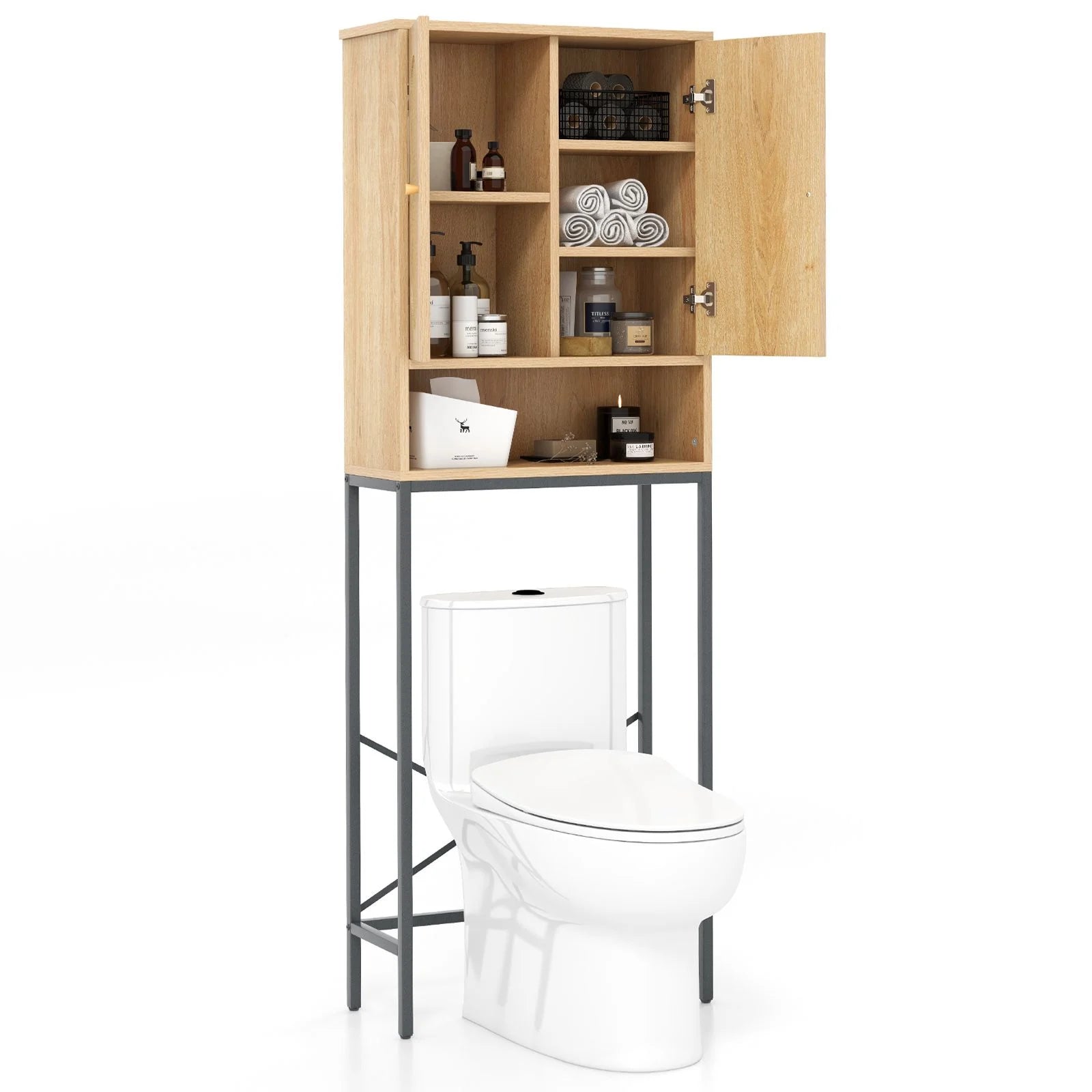 Over the Toilet Freestanding Toilet Storage Cabinet with Rattan Doors