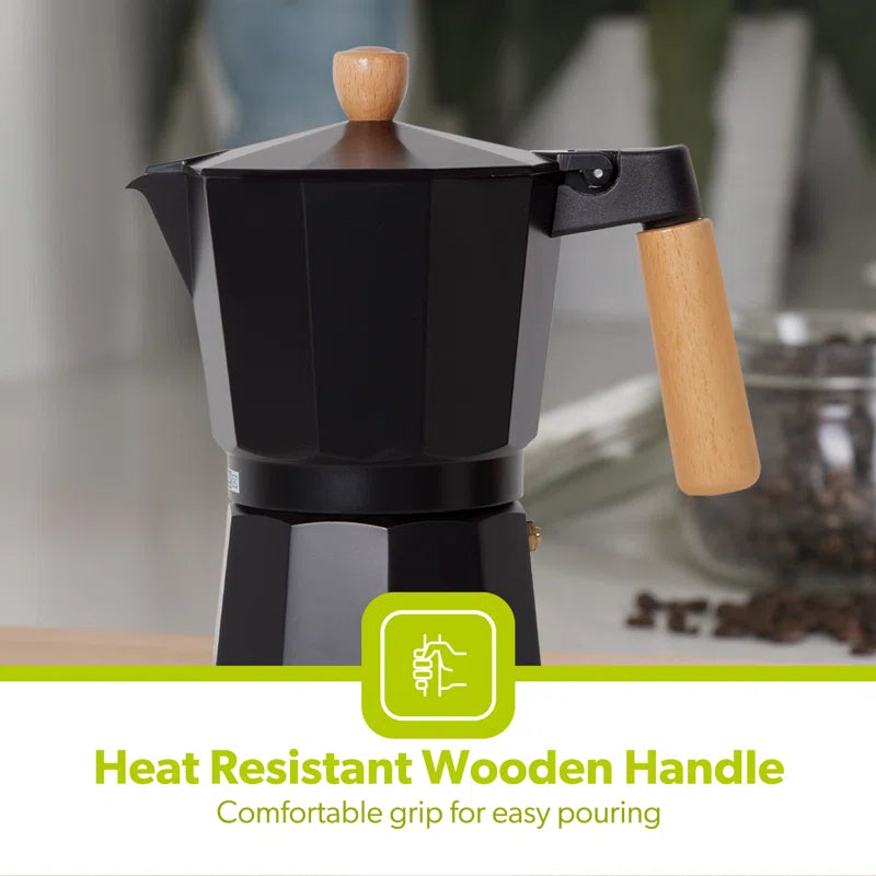 Italian Espresso Coffee Maker Stovetop Moka Pot (6 Cups/300Ml)Traditional, Wooden Handle & Knob, Aluminium, Black