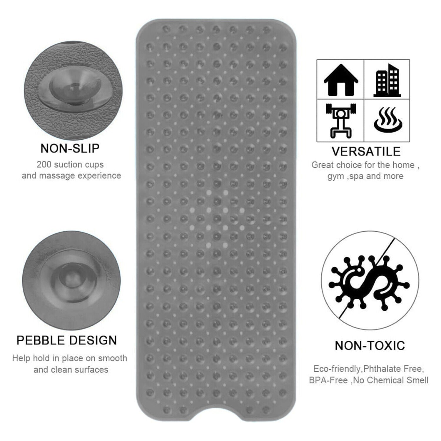 Extra Large Non Slip Bath Mat Bathtub Strong Suction Anti-Mold Rubber Shower Mat