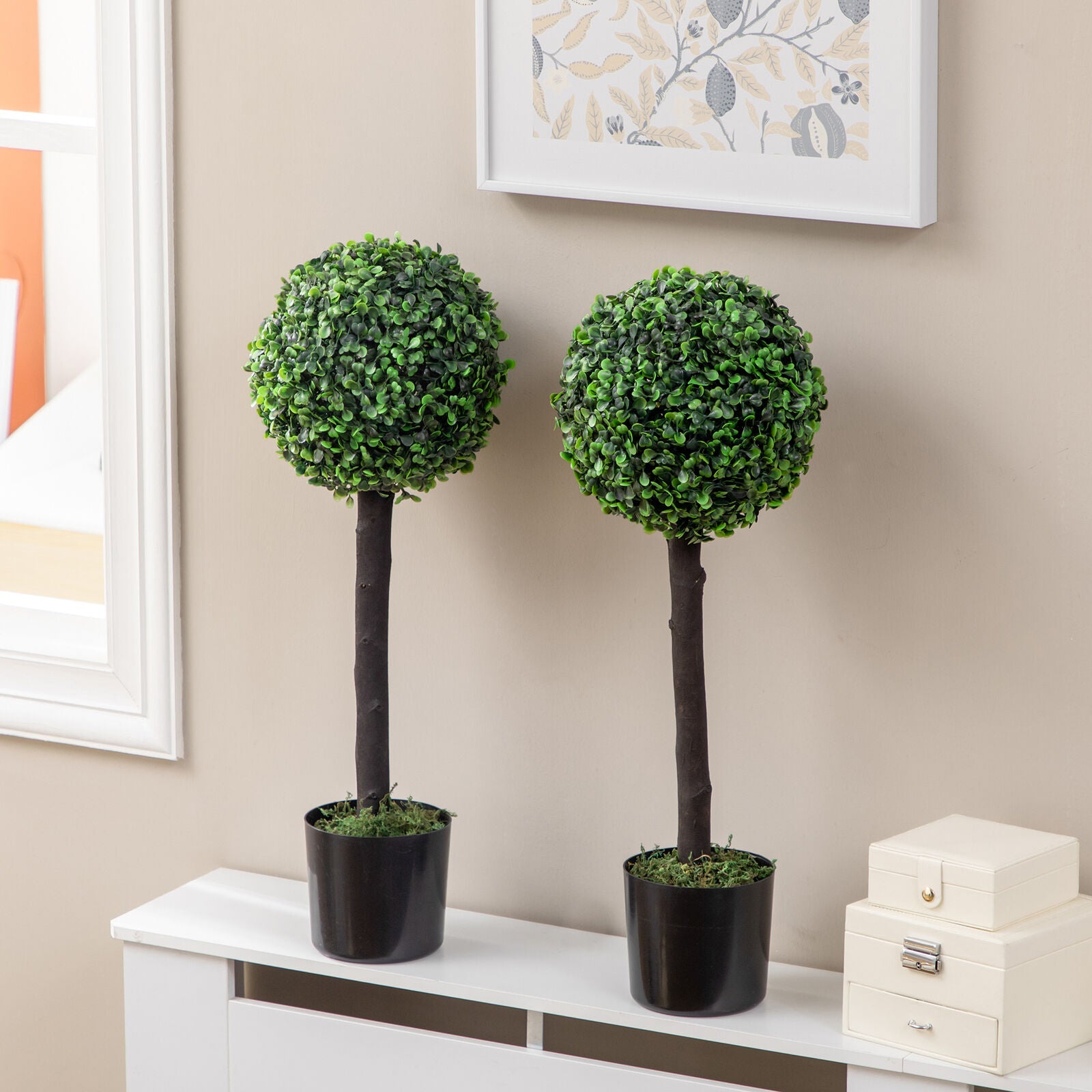 HOMCOM Set of 2 Potted Artificial Plants Boxwood Ball Trees Indoor Outdoor, 60Cm
