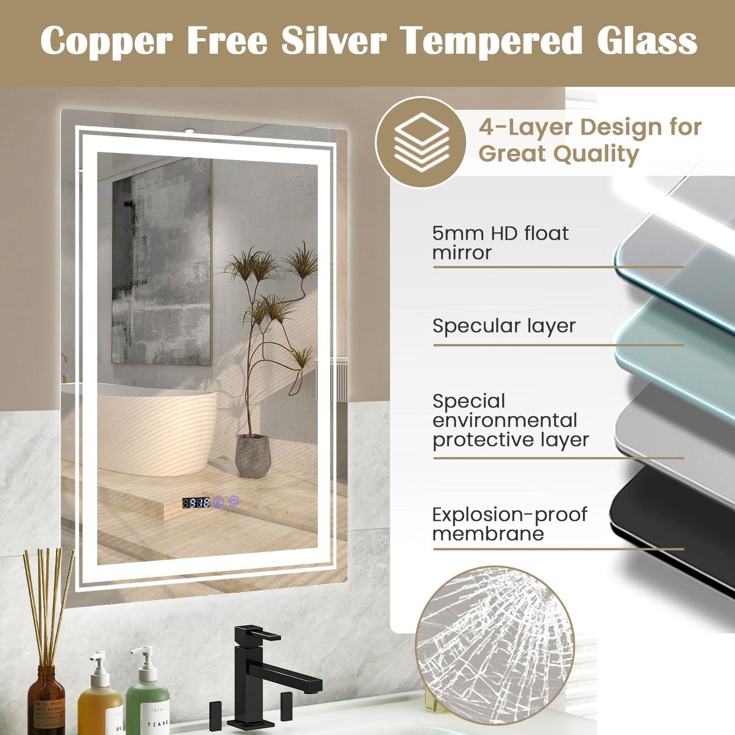 Anti-Fog Bathroom Led Vanity Mirror with 3 Colors 3000-6500K