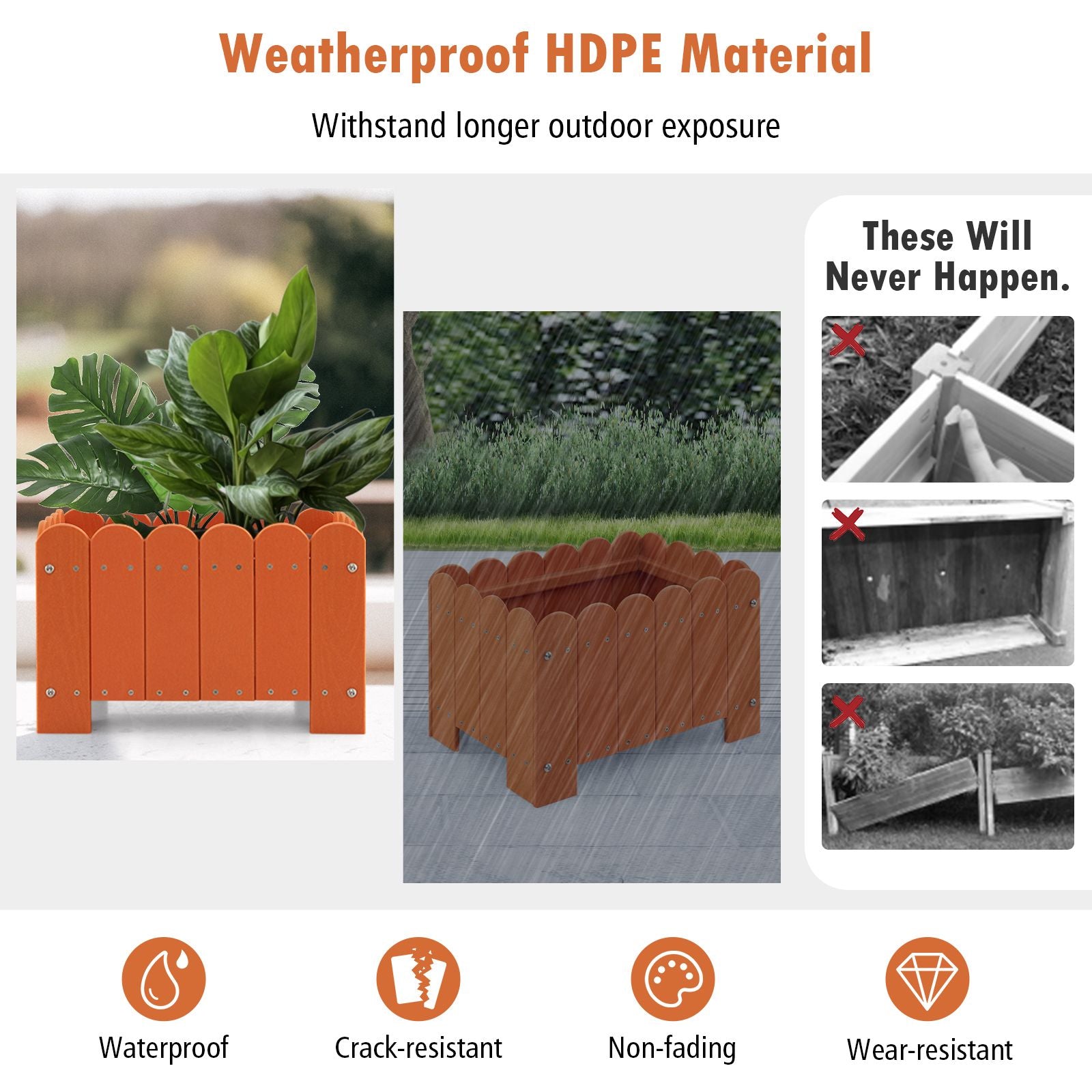 2 Pack Rectangular Planter Box HDPE Flower Pot with Drainage Gaps