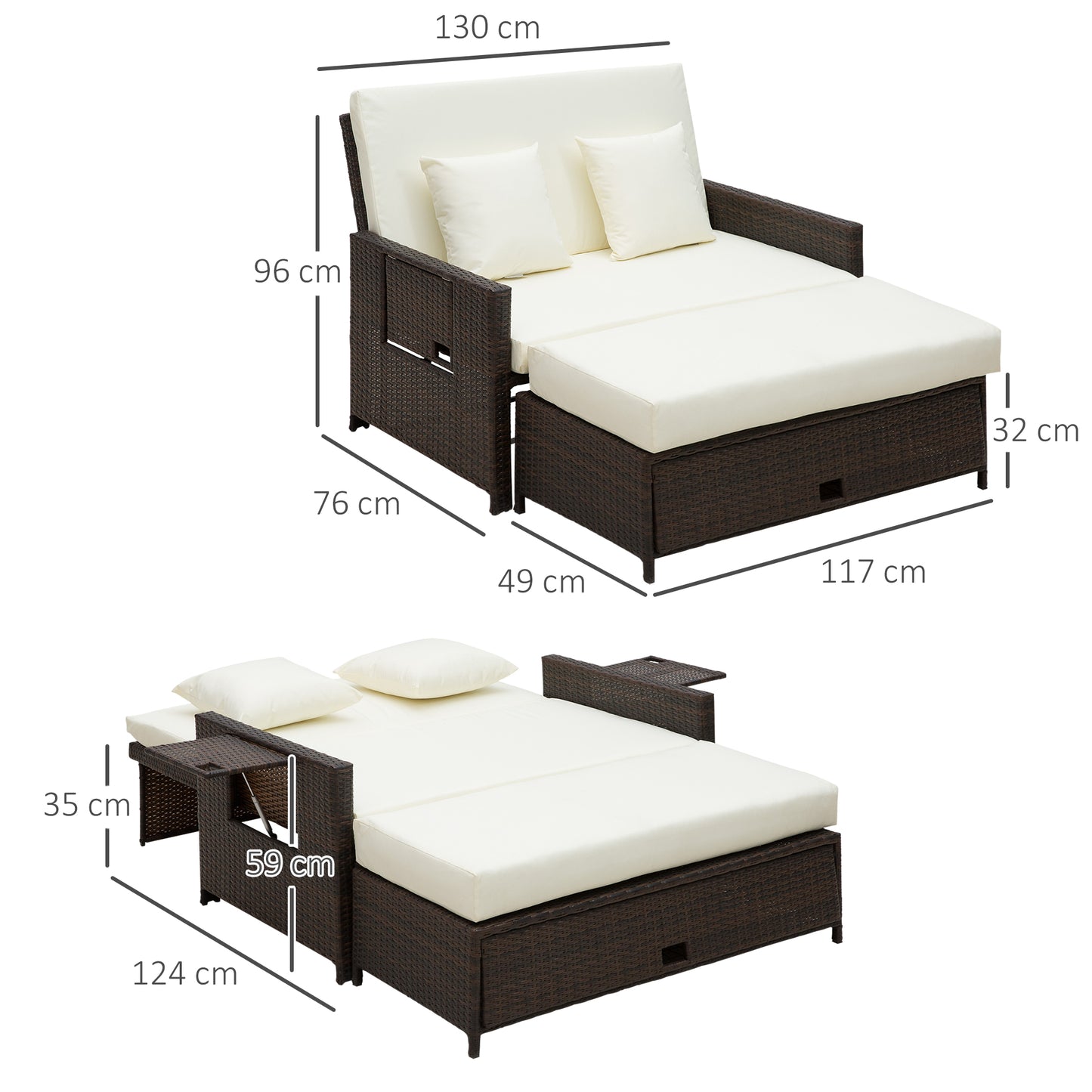 Garden Rattan Furniture Set 2 Seater Patio Sun Lounger Daybed Sunbed