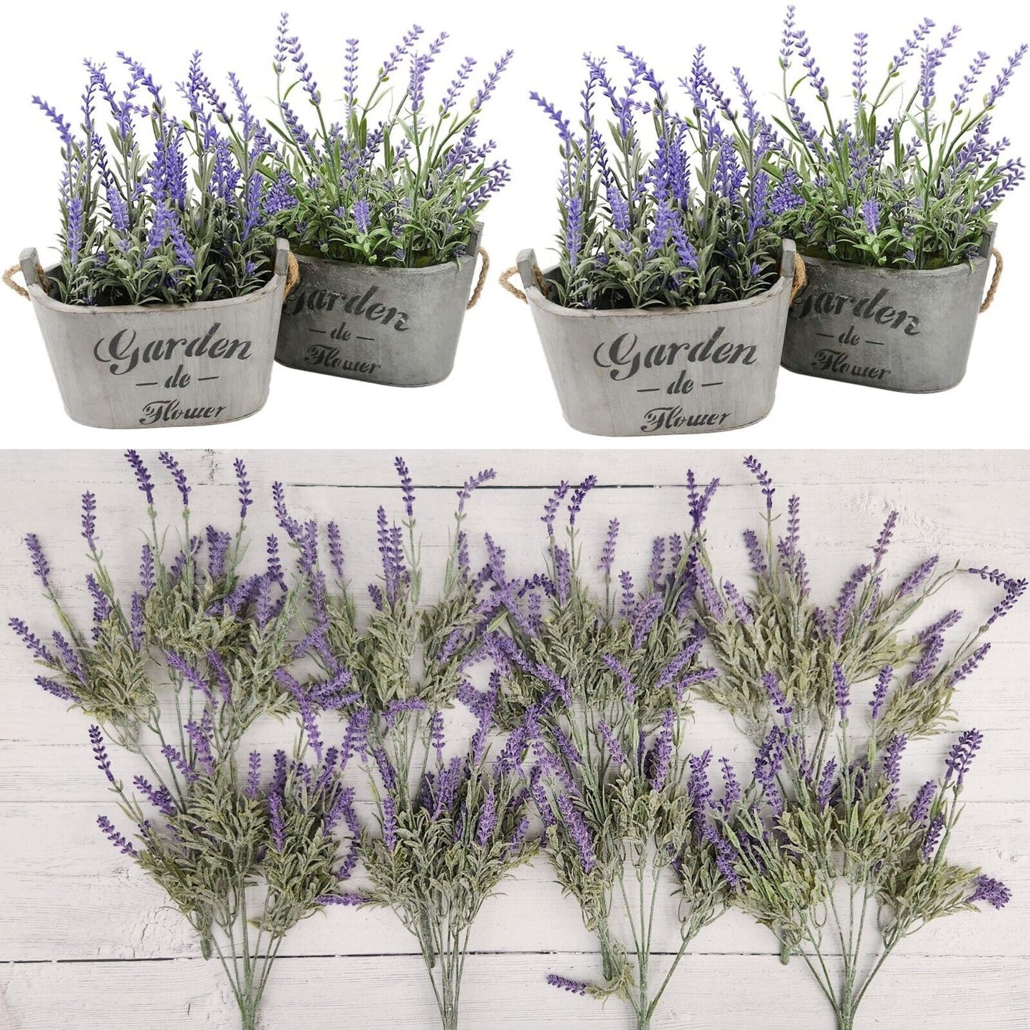 Artificial Lavender Flowers in Bundles Fake Silk Faux Lavender Plant Wooden Pots