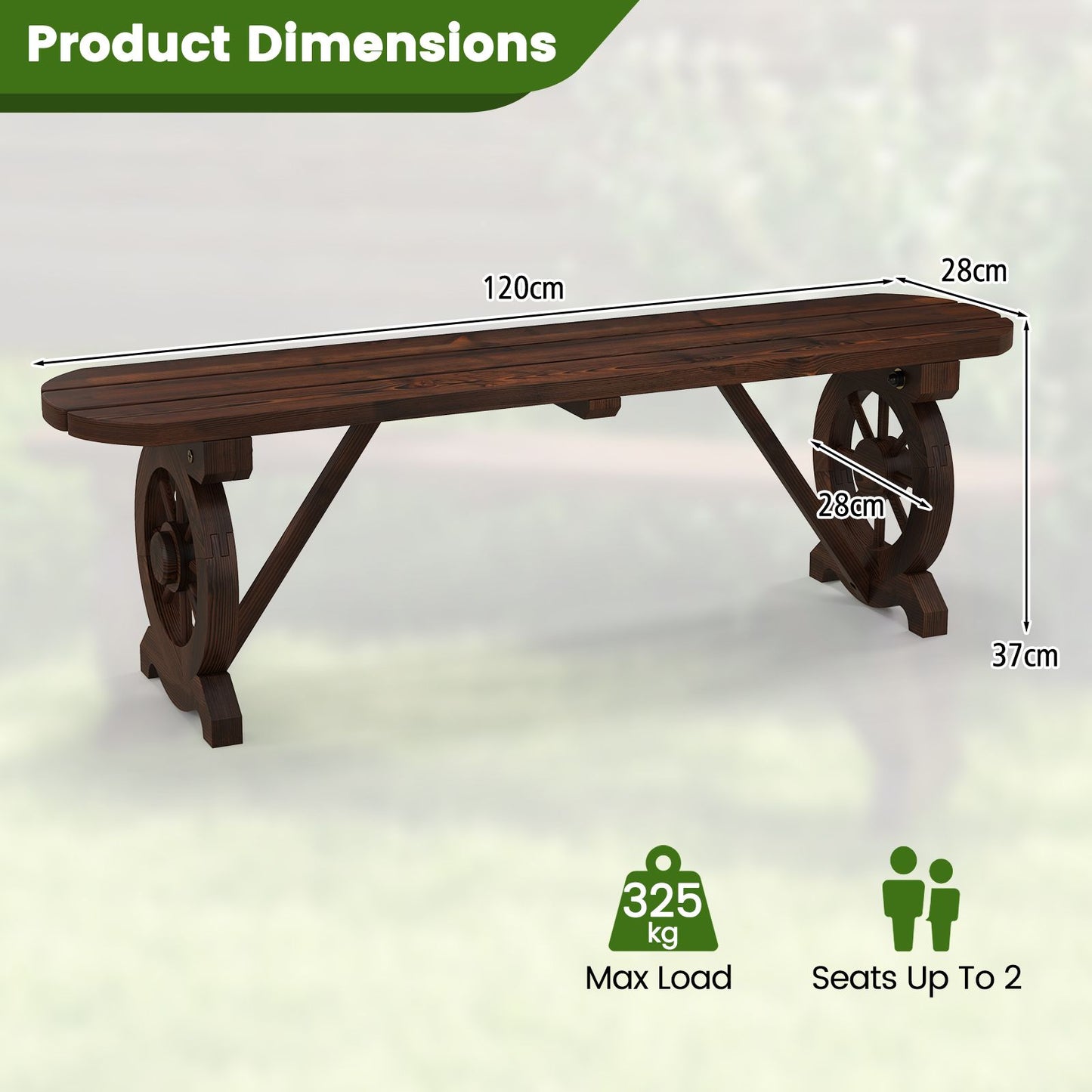 2-Seat Patio Wood Bench with Wagon Wheel Base and Slatted Seat