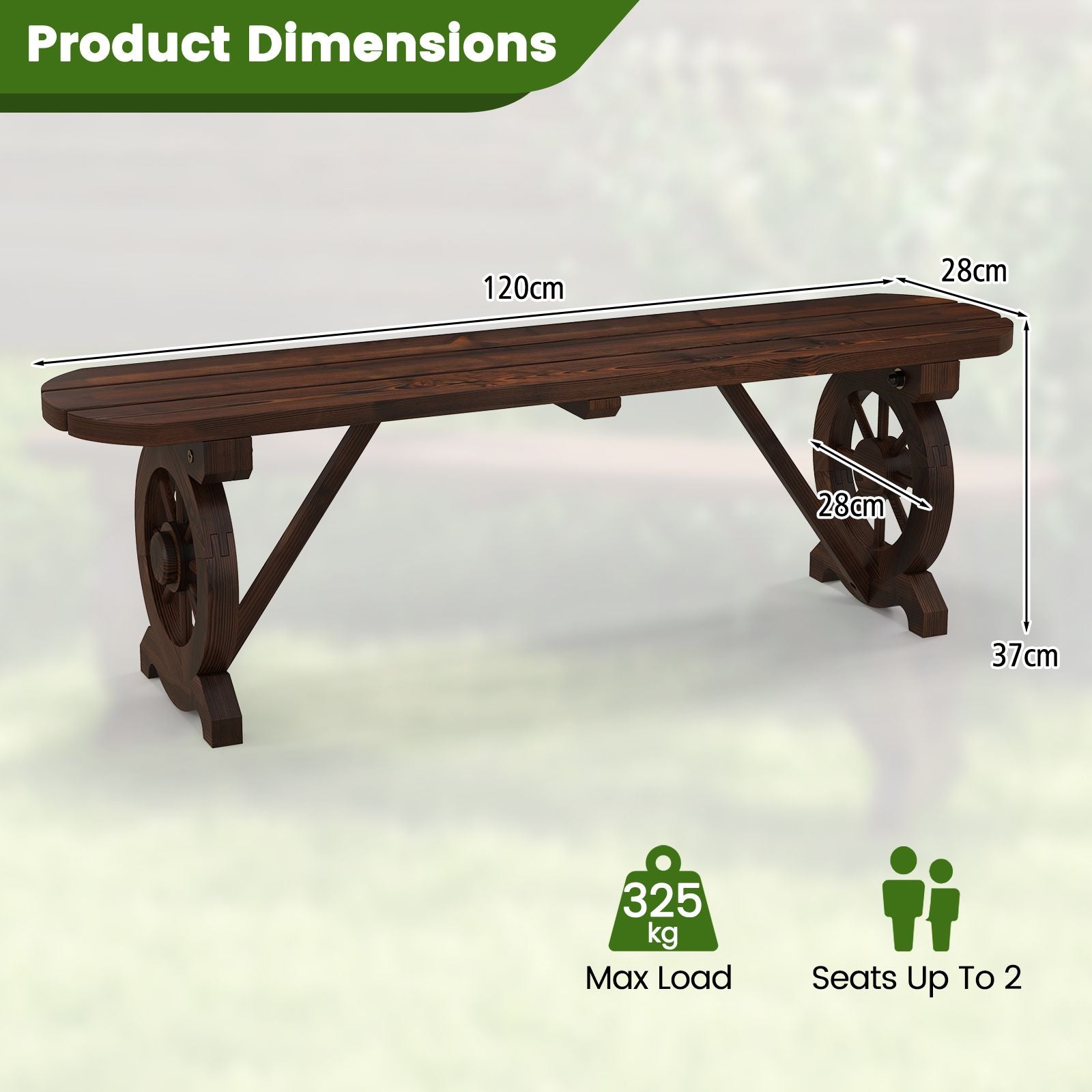 2-Seat Patio Wood Bench with Wagon Wheel Base and Slatted Seat