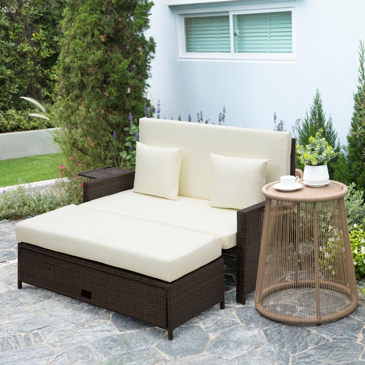 Garden Rattan Furniture Set 2 Seater Patio Sun Lounger Daybed Sunbed