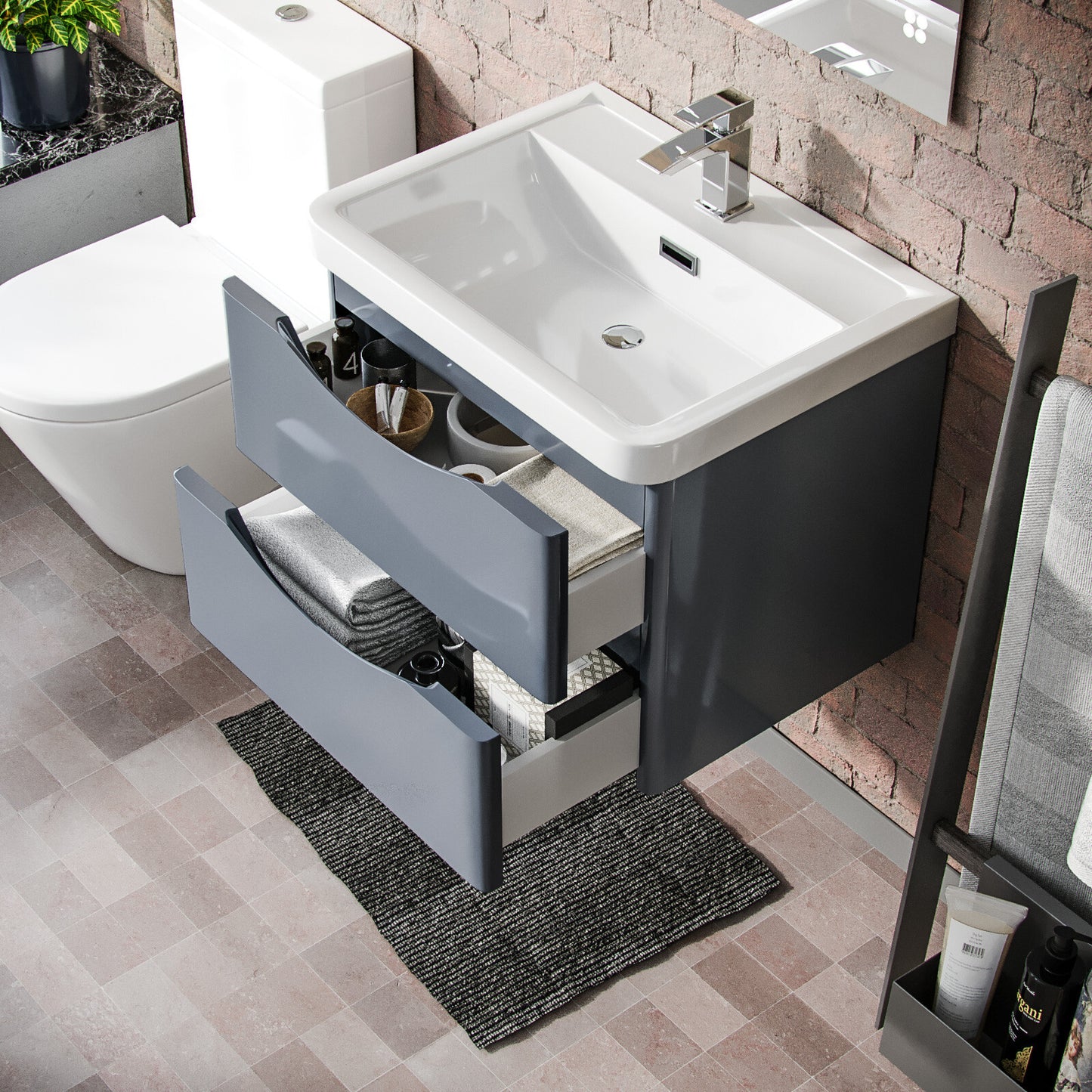 Merton Grey Basin Wall Hung Vanity Cabinet & Rimless Close Coupled Toilet