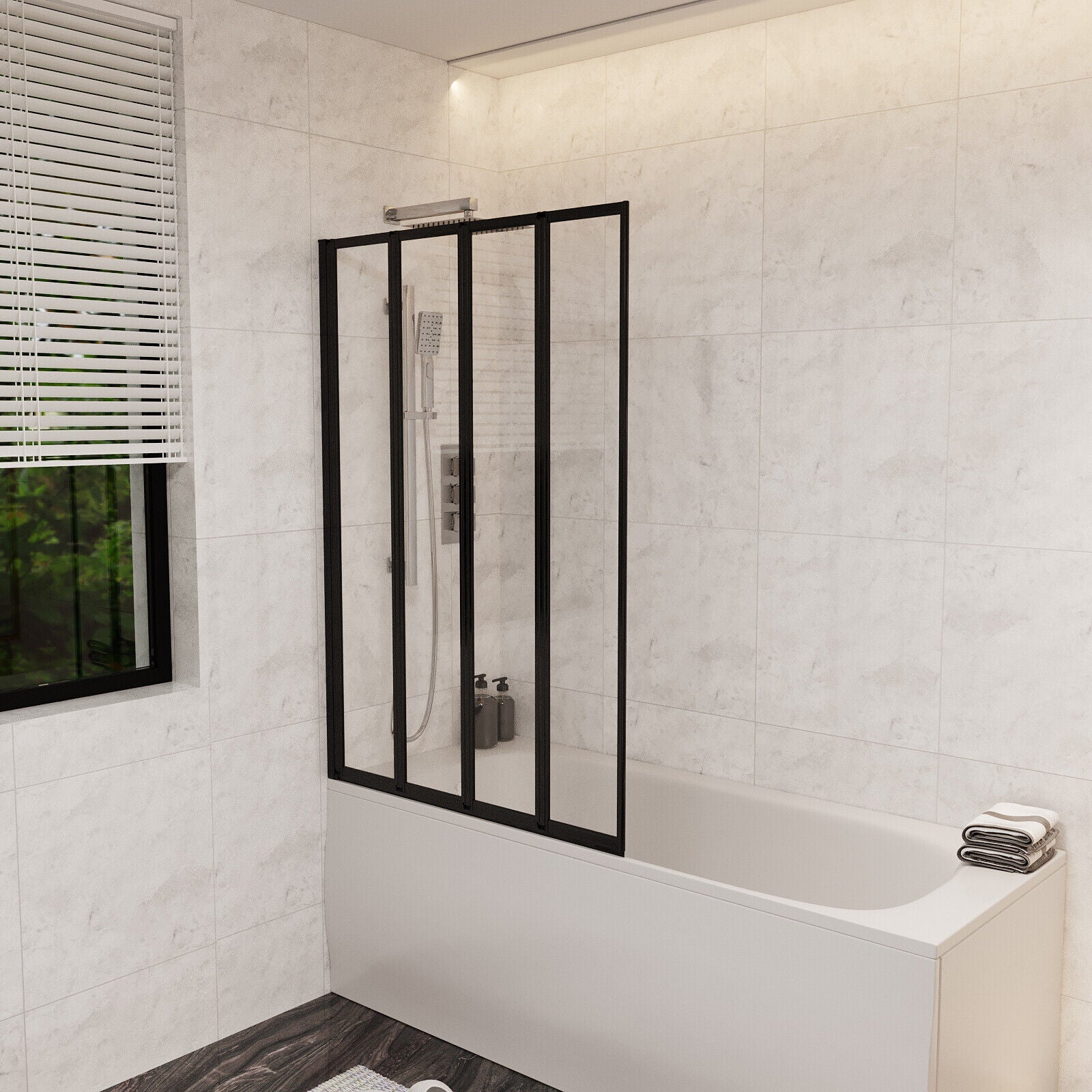 Nes Home 1100Mm 4 Fold Bath Shower Screen Matt Black Frame