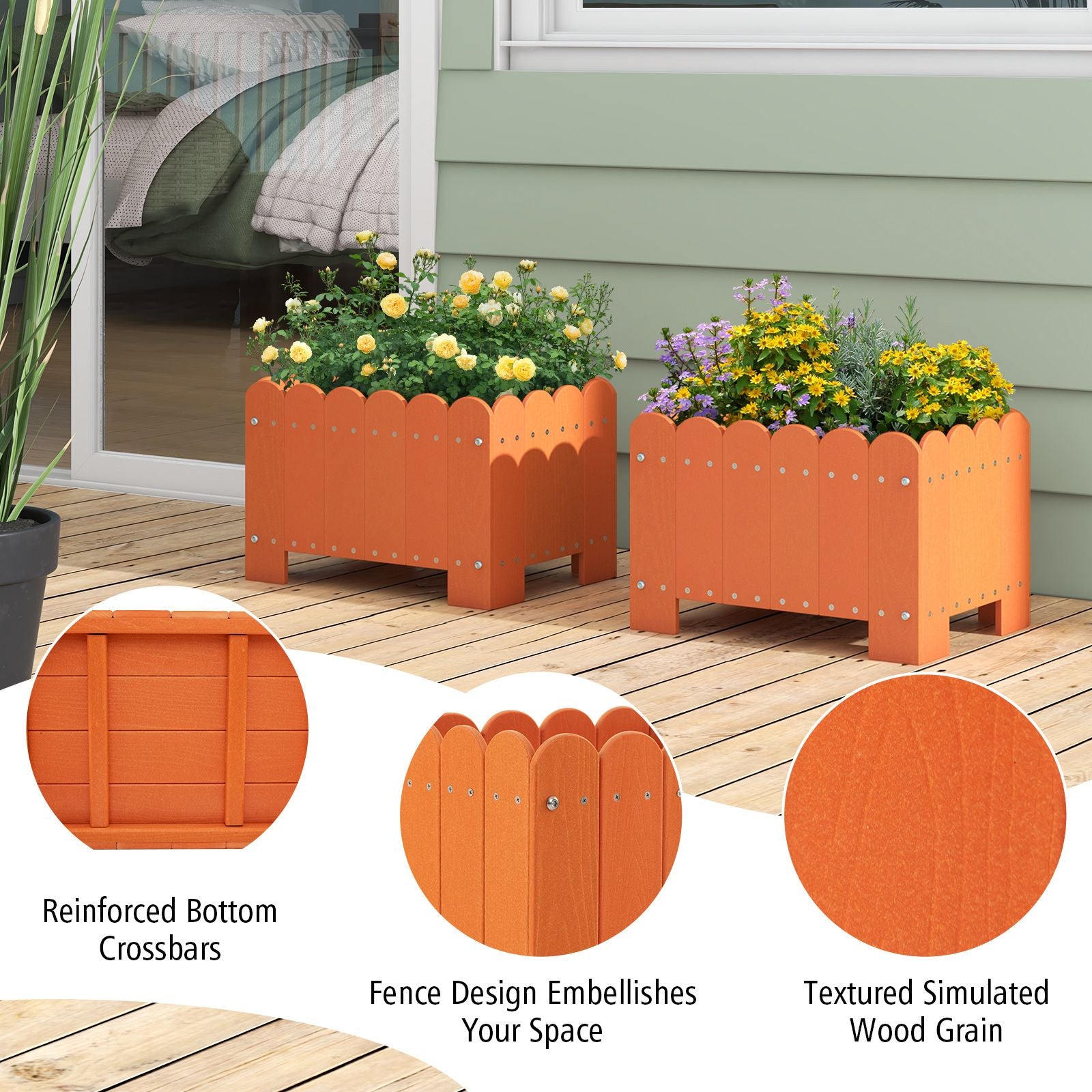 2 Pack Rectangular Planter Box HDPE Flower Pot with Drainage Gaps