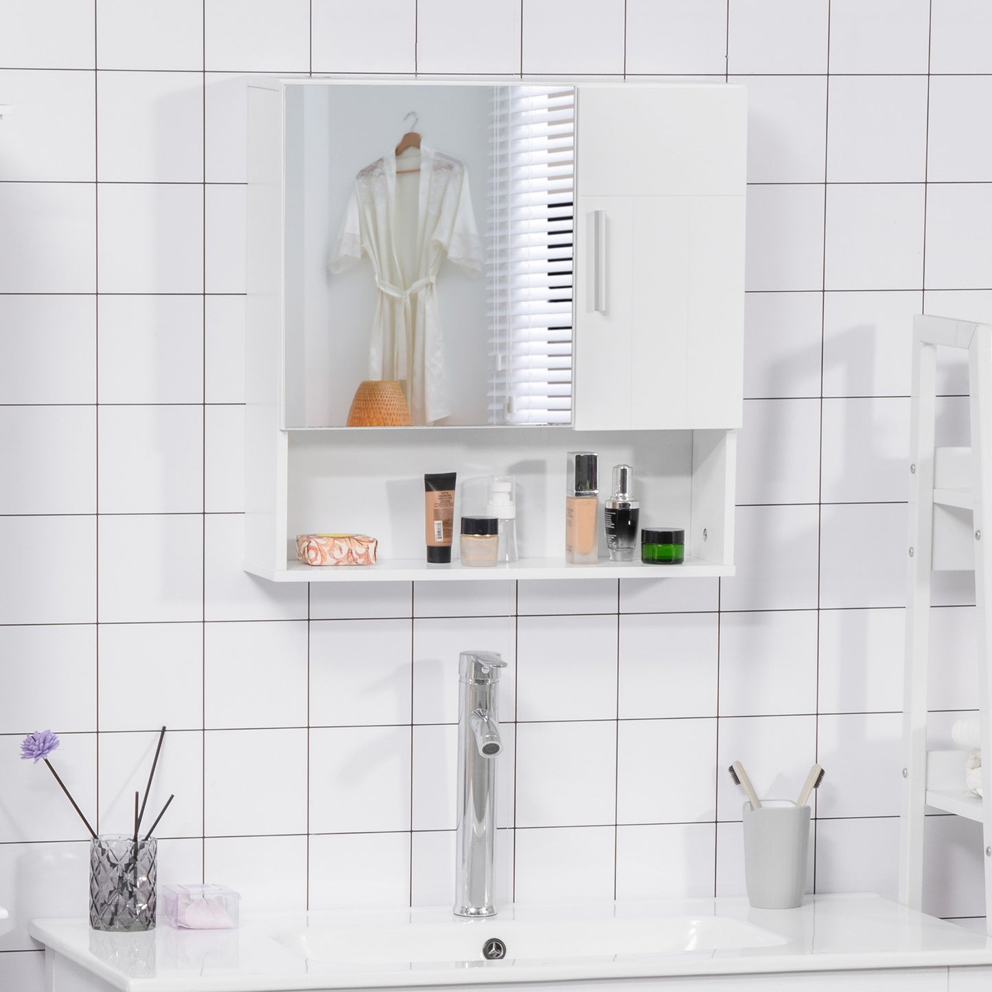 Bathroom Mirror Cabinet Wall Mount Storage Organizer W/ Door, Shelves, White