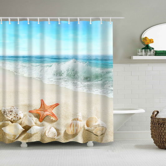 Beach Starfish Ocean Print Shower Curtain Toilet Bathroom Waterproof 12 Hooks