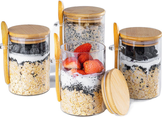 Overnight Oats Containers with Lids,16Oz Overnight Oats Jars 4 Pack, Oatmeal Cups,Meal Prep Containers,Glass Meal Prep Containers with Lids,China Pudding Jars