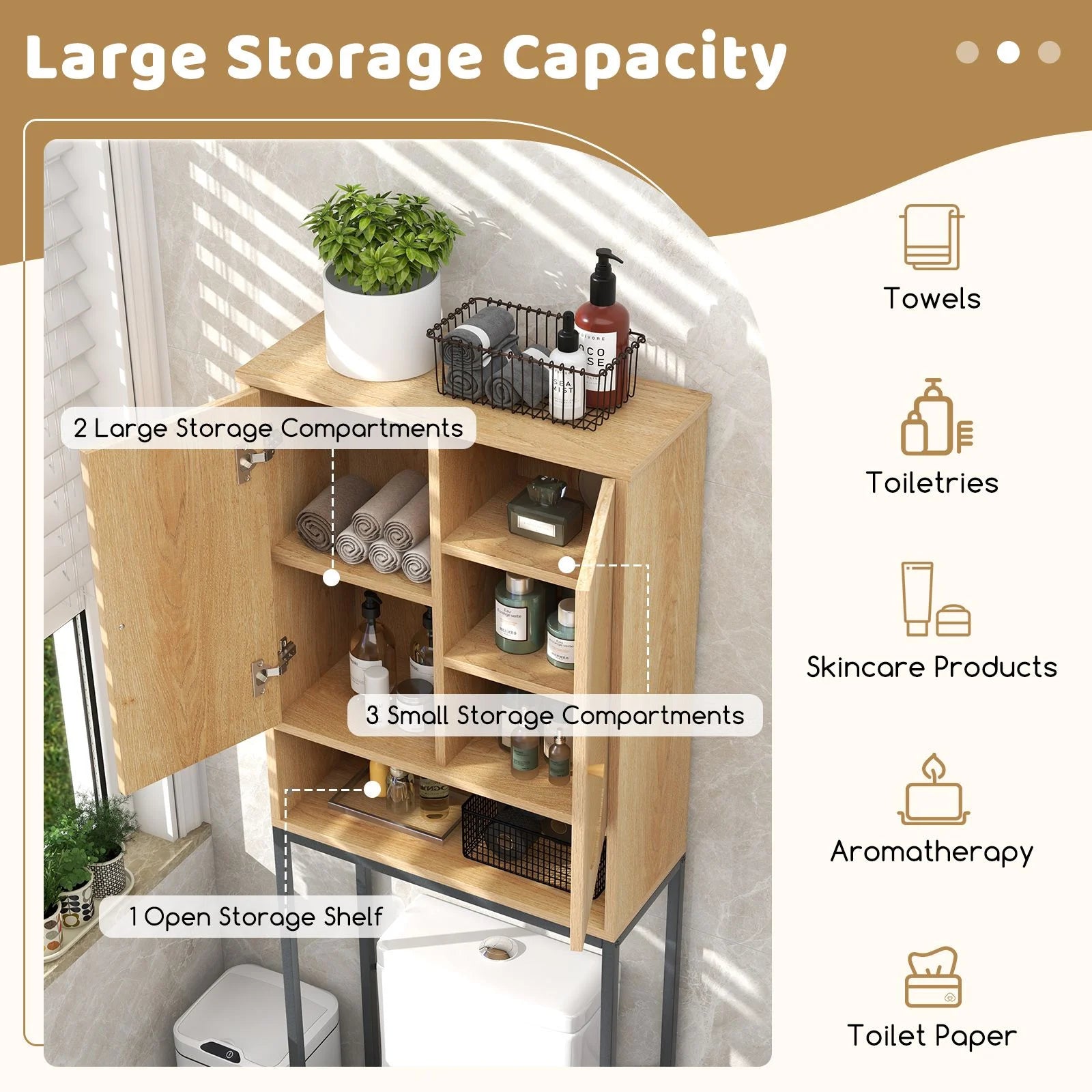 Over the Toilet Freestanding Toilet Storage Cabinet with Rattan Doors
