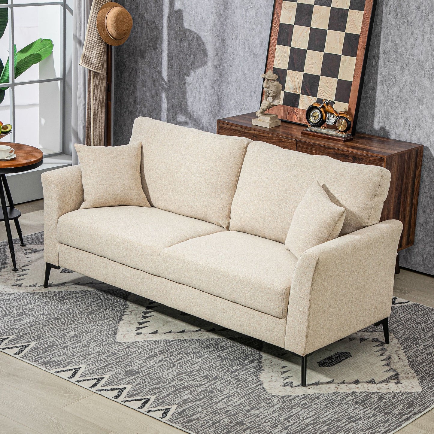 HOMCOM 3 Seater Sofa, Linen Fabric Sofa for Living Room, Beige