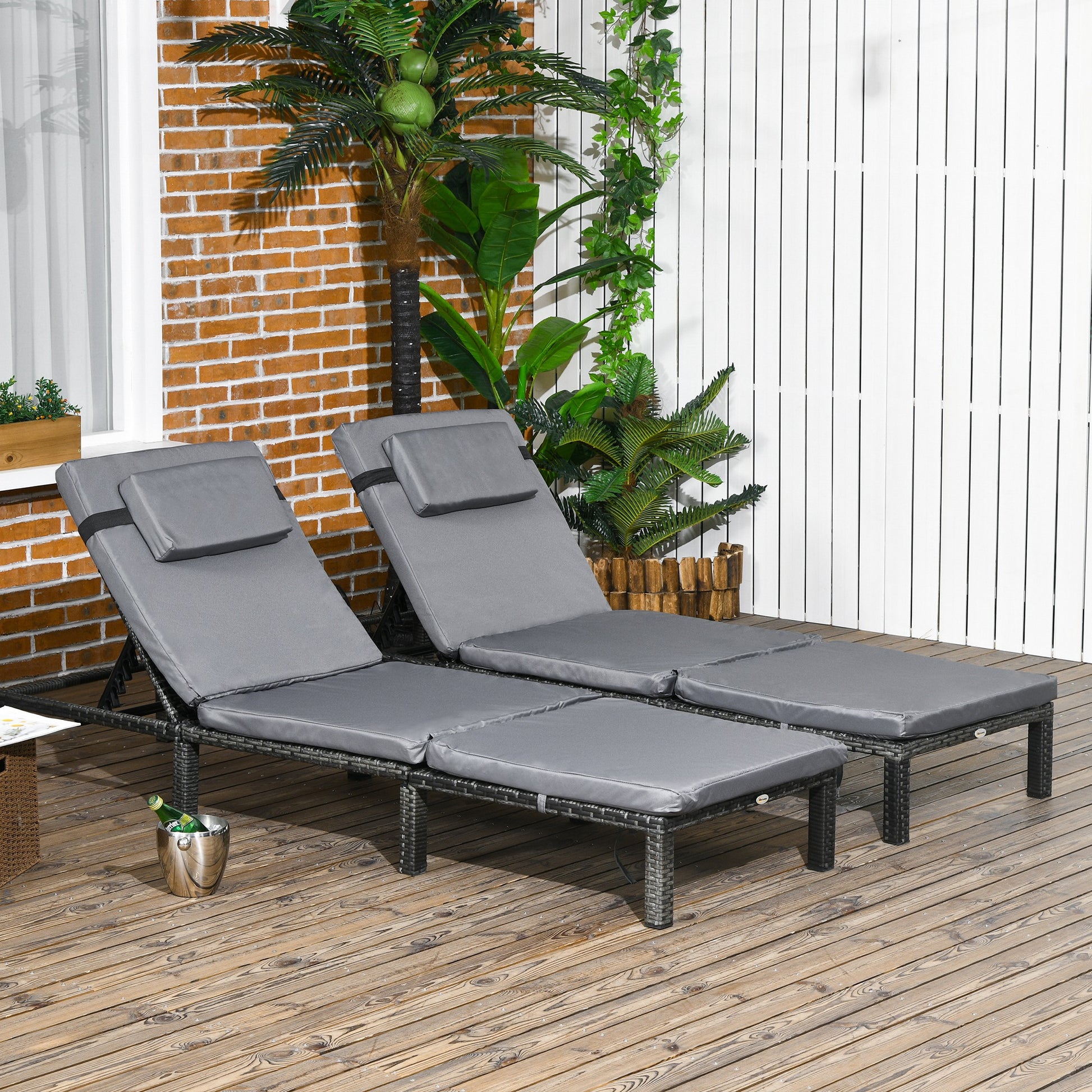 Rattan Sun Loungers Set of 2 W/ 5-Level Adjustable Backrest Headrest