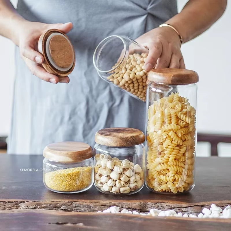 Transparent Food Storage Container Jar Acacia Wood round Tea Jar Dried Fruit Snacks Kitchen Glass Sealed Storage Jar