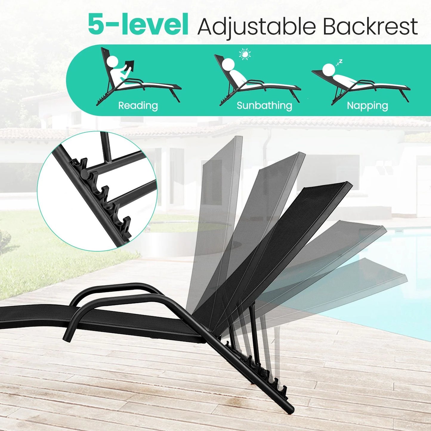 Set of 2 Outdoor Chaise Lounge Chairs with Breathable Seat