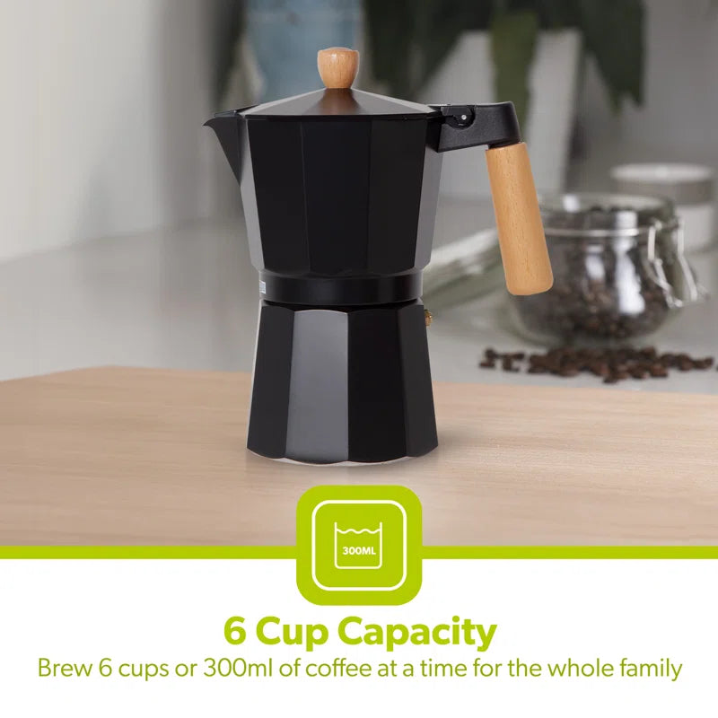 Italian Espresso Coffee Maker Stovetop Moka Pot (6 Cups/300Ml)Traditional, Wooden Handle & Knob, Aluminium, Black