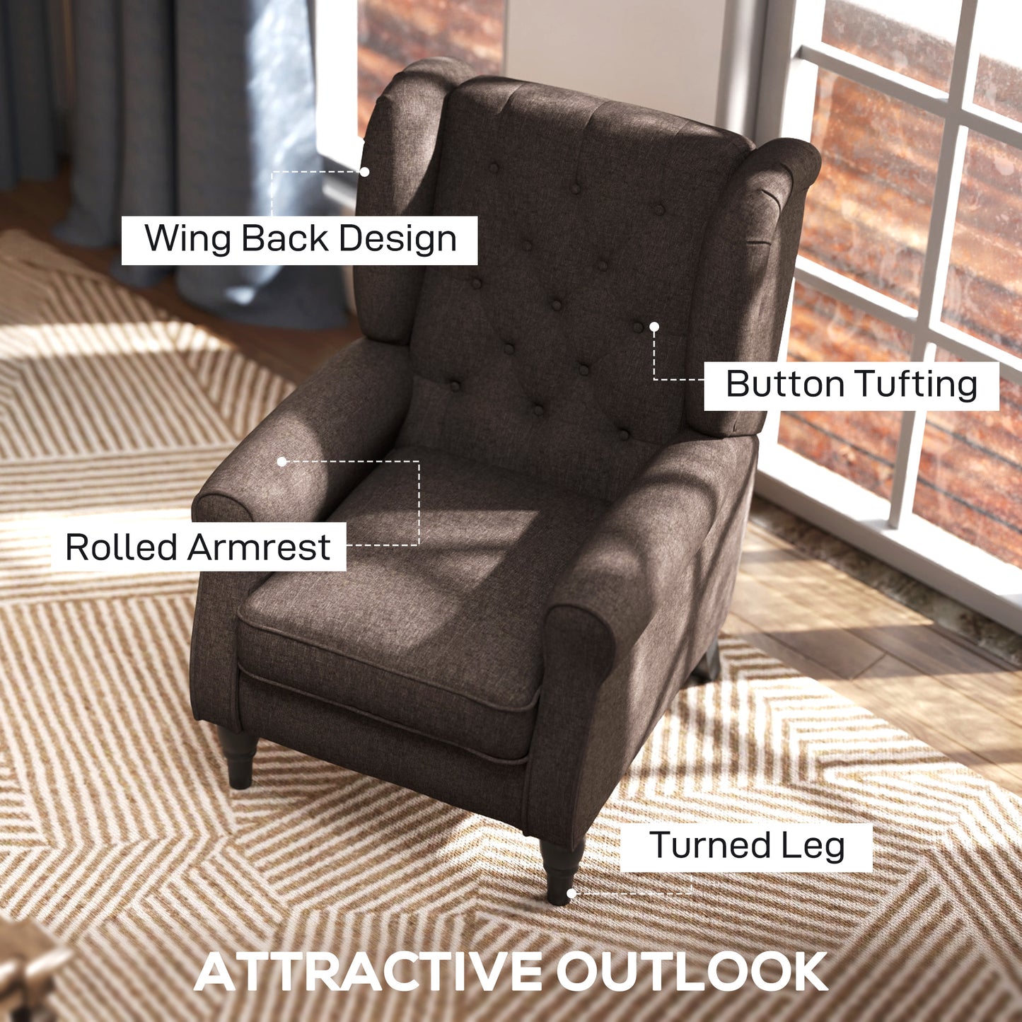 Retro Accent Chair Wingback Armchair with Wood Frame for Living Room