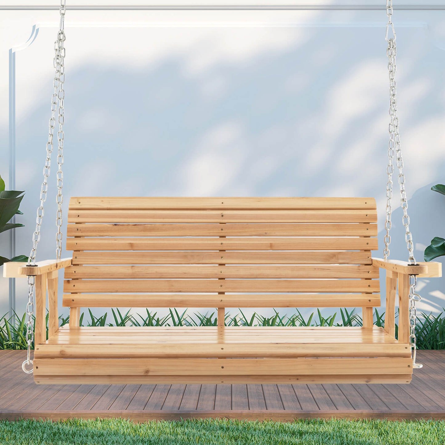 149Cm Wooden Porch Swing with Cup Holders Outdoor Hanging Bench