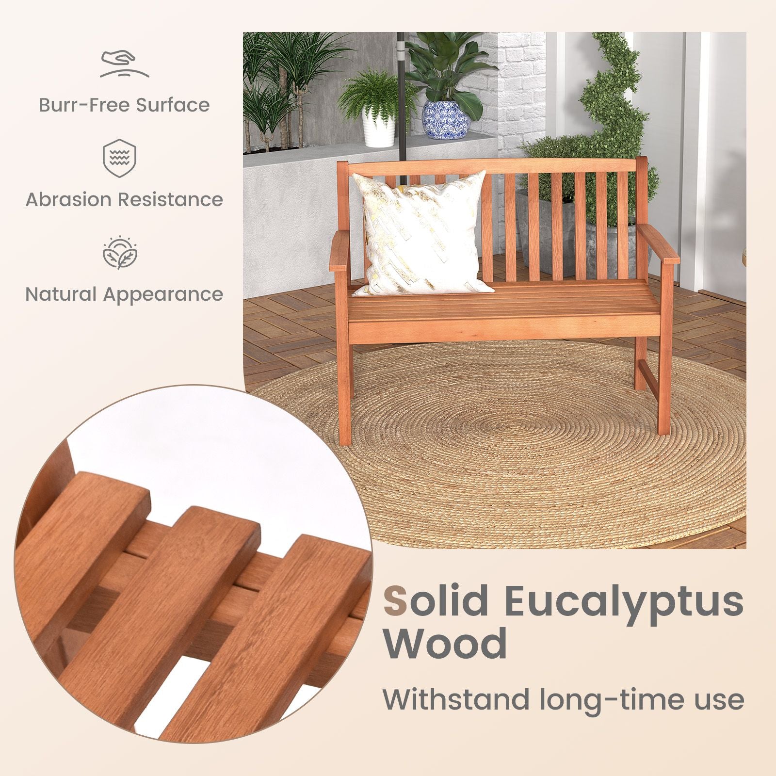 Patio Wood Bench with Cozy Armrests and Backrest