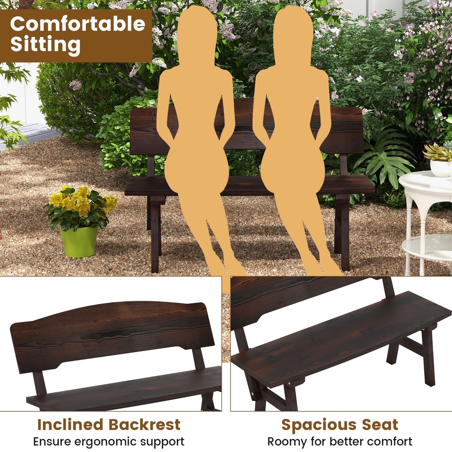 Outdoor Patio Bench with Inclined Backrest for Outside
