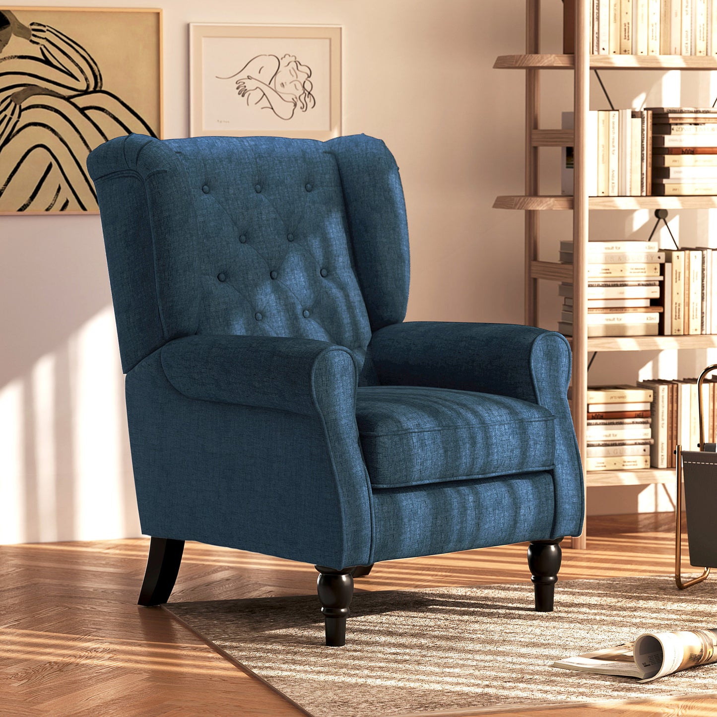 Retro Accent Chair Wingback Armchair with Wood Frame for Living Room