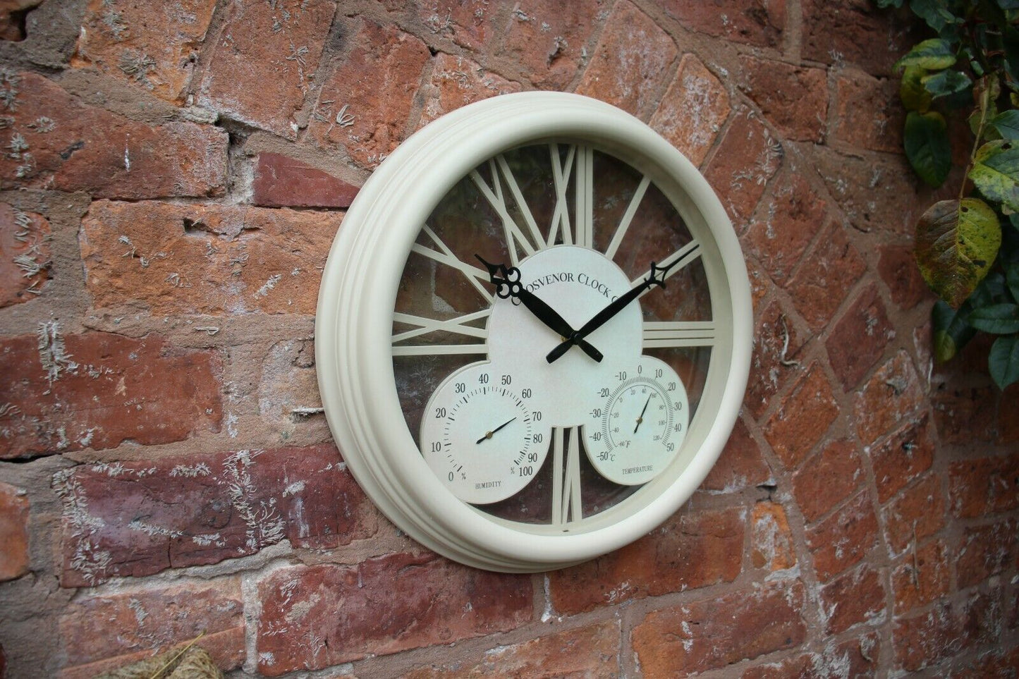 Outdoor Garden Station Wall Clock Thermometer & Humidity 38Cm Cream