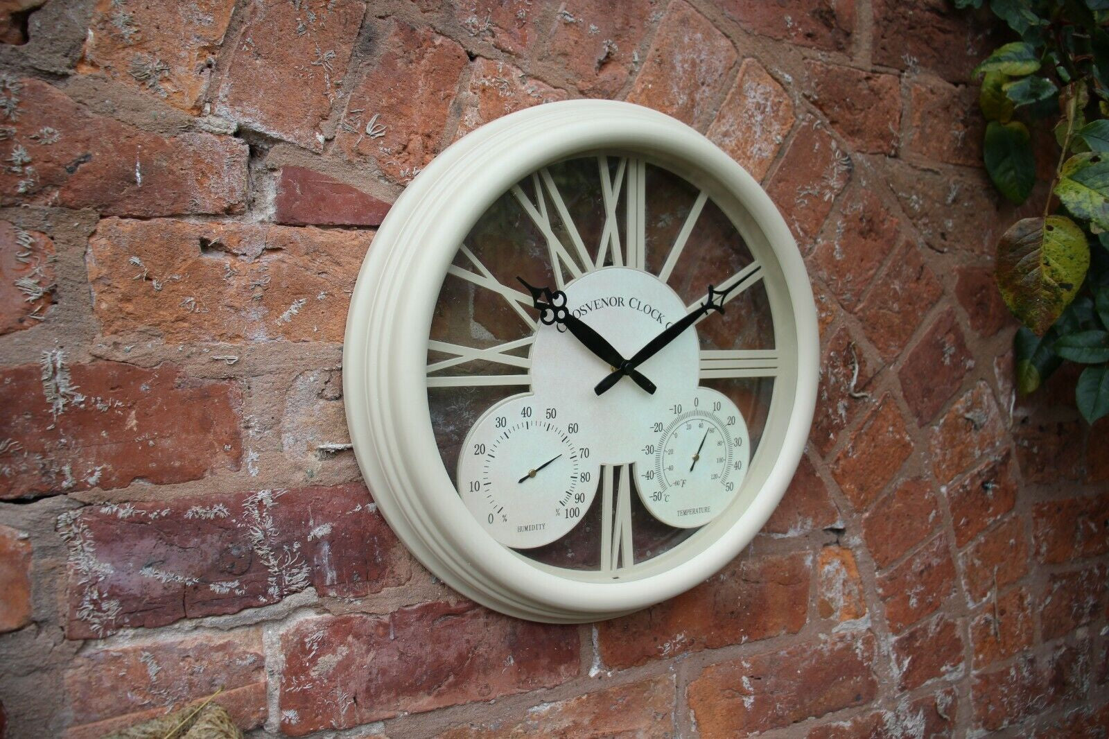 Outdoor Garden Station Wall Clock Thermometer & Humidity 38Cm Cream