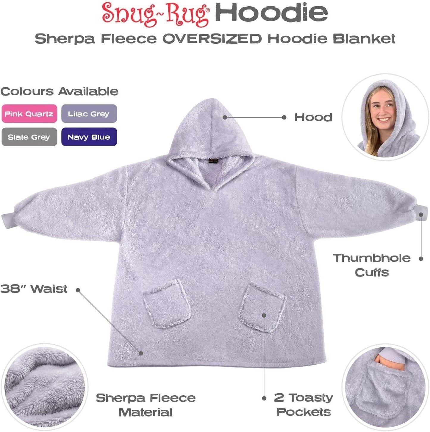 Snugrug Oversized Long Hooded Adult Sherpa Big Fleece Blanket Hoodie Sweatshirt