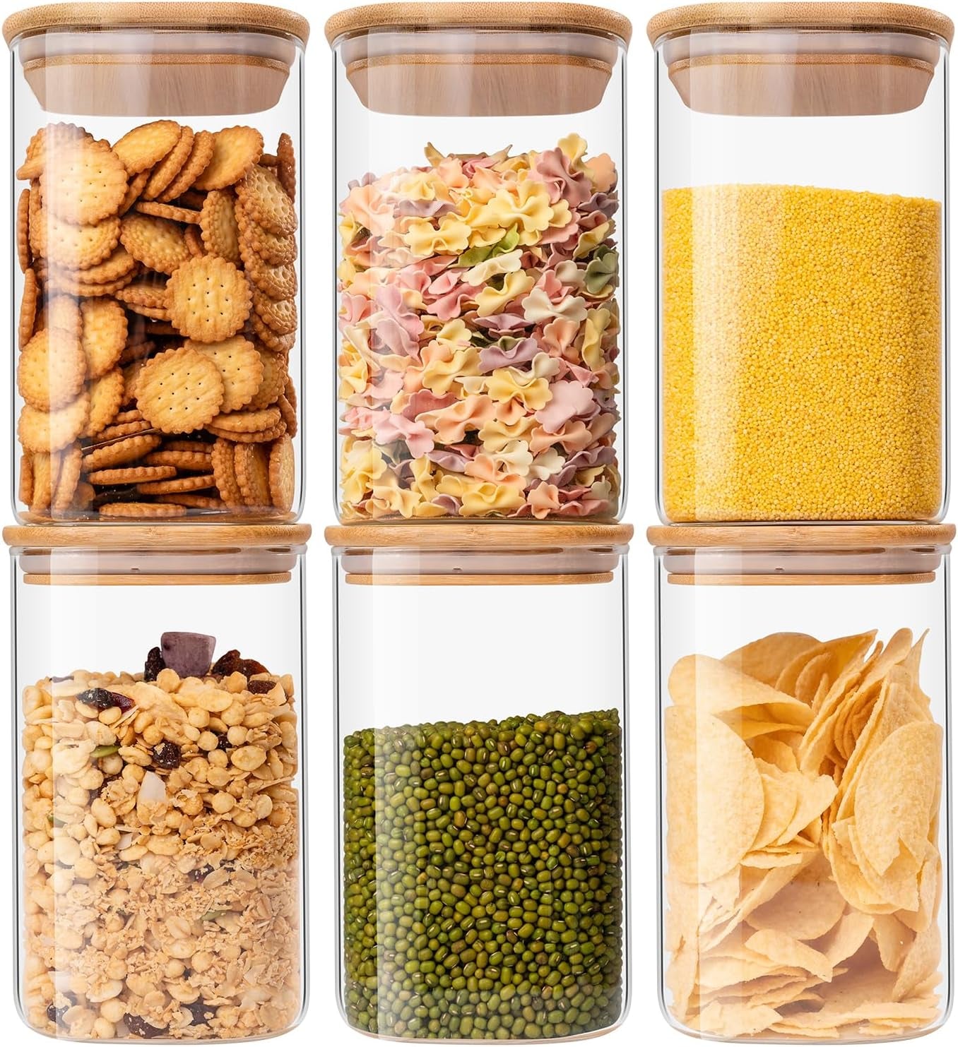 Glass Food Storage Jars 37 Oz Set of 6,Glass Storage Containers Clear Glass Food Canister with Bamboo Lid Airtight for Serving Tea, Coffee, Flour, Sugar, Candy, Cookie, Spice and More (Square)