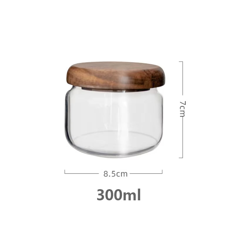 Transparent Food Storage Container Jar Acacia Wood round Tea Jar Dried Fruit Snacks Kitchen Glass Sealed Storage Jar