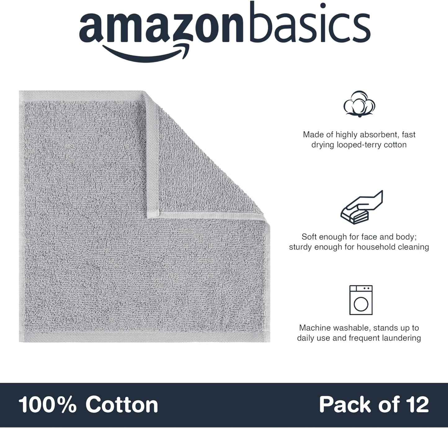 Face Towels for Bathroom, 100% Cotton Extra Absorbent Washcloth, Fast Drying - Salon Towel - 12-Pack, Grey (30 X 30 Cm)