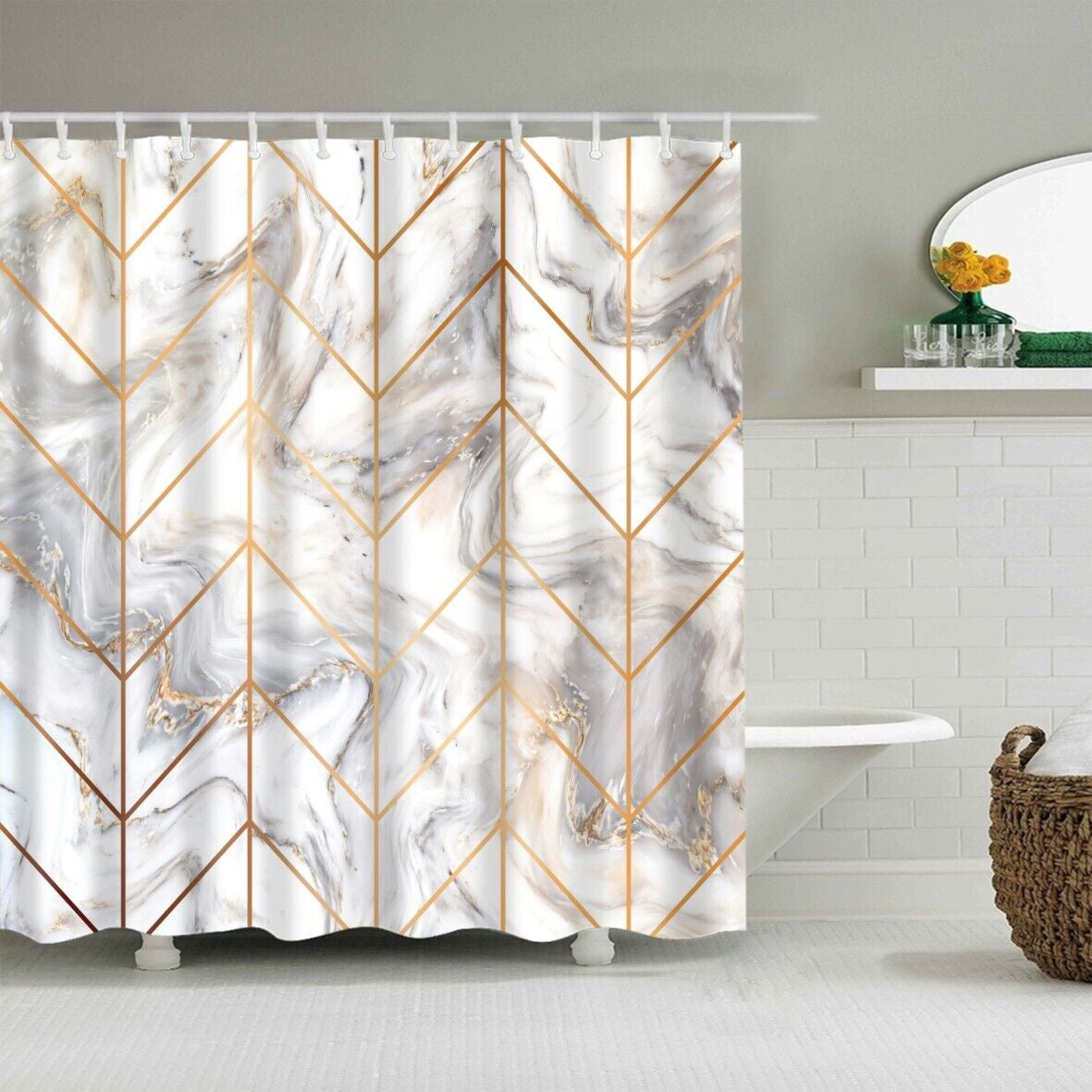 Polyester Shower Curtain 180X180Cm Marble Printed Fabric Waterproof Sheer Panel
