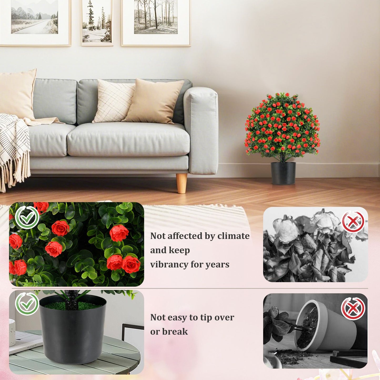 2 Pack Artificial Rose Topiary Ball Tree Faux Shrub Bushes