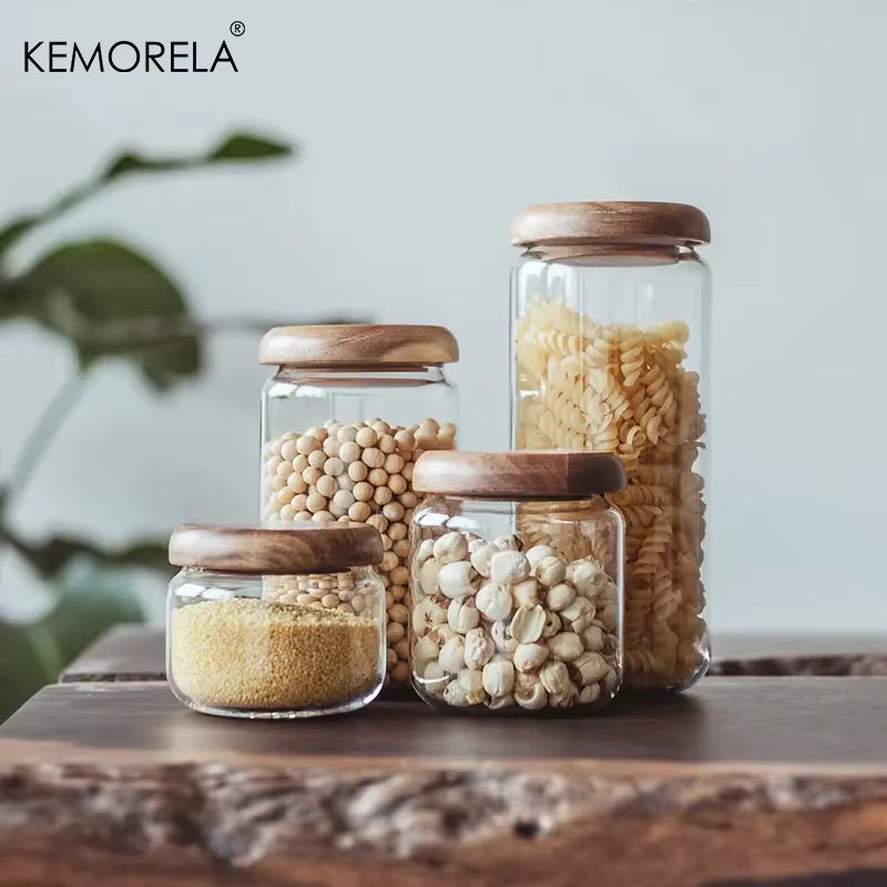 Transparent Food Storage Container Jar Acacia Wood round Tea Jar Dried Fruit Snacks Kitchen Glass Sealed Storage Jar