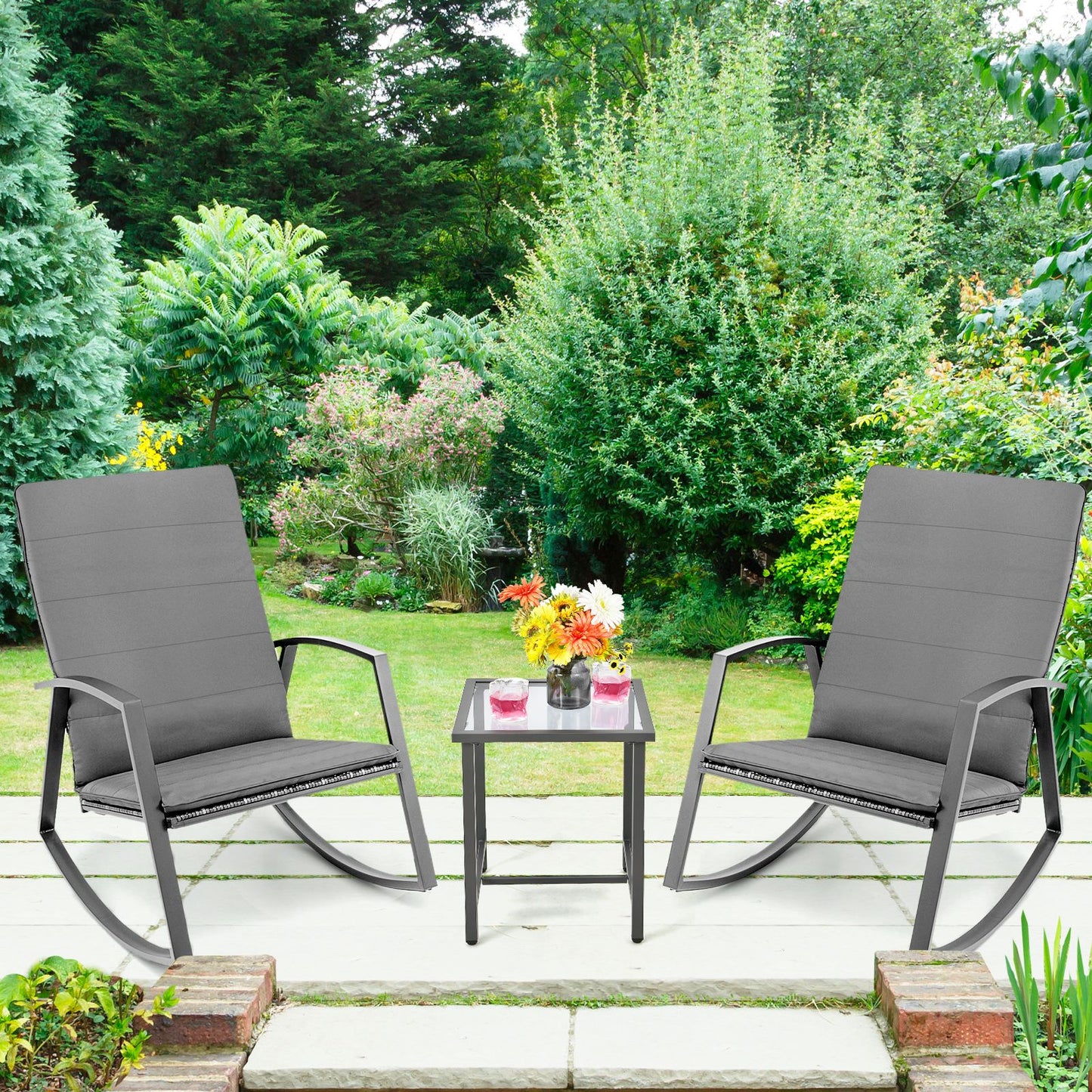 PE Rattan Rocking Chairs with Tempered Glass Side Table