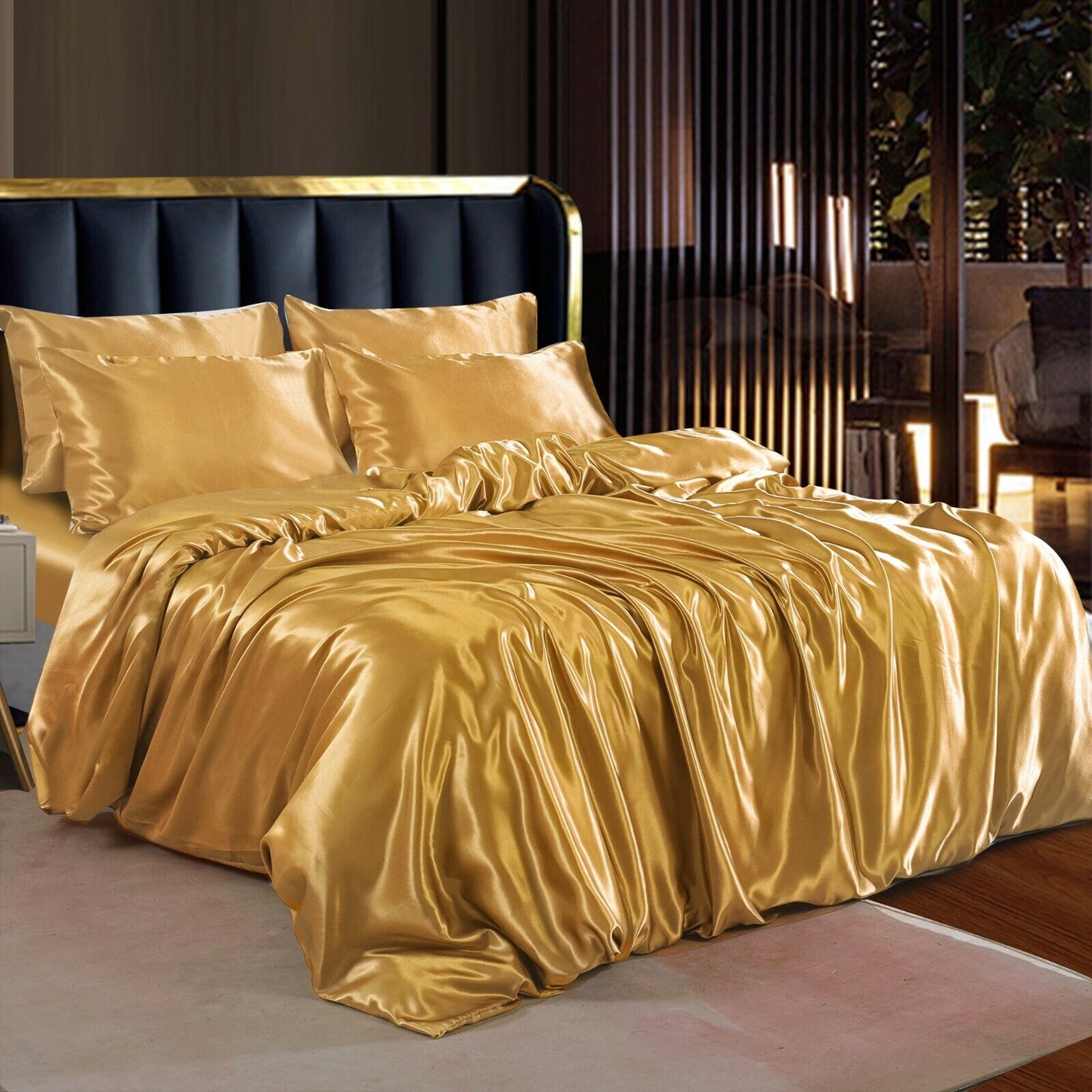 ROOEE 6PCS Satin Silk Complete Bedding Set Fitted Sheet Duvet Cover Pillow Cases