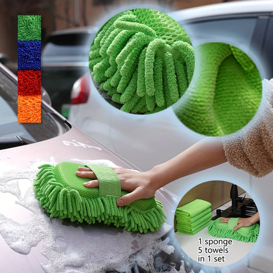 6pcs Microfiber Car Wash Kit - Includes Chenille Sponge & 5 Soft Towels, Scratch-Free & Reusable