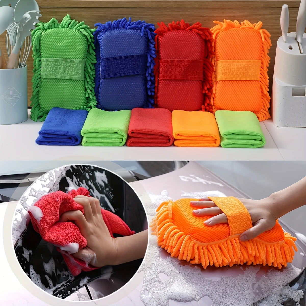6pcs Microfiber Car Wash Kit - Includes Chenille Sponge & 5 Soft Towels, Scratch-Free & Reusable