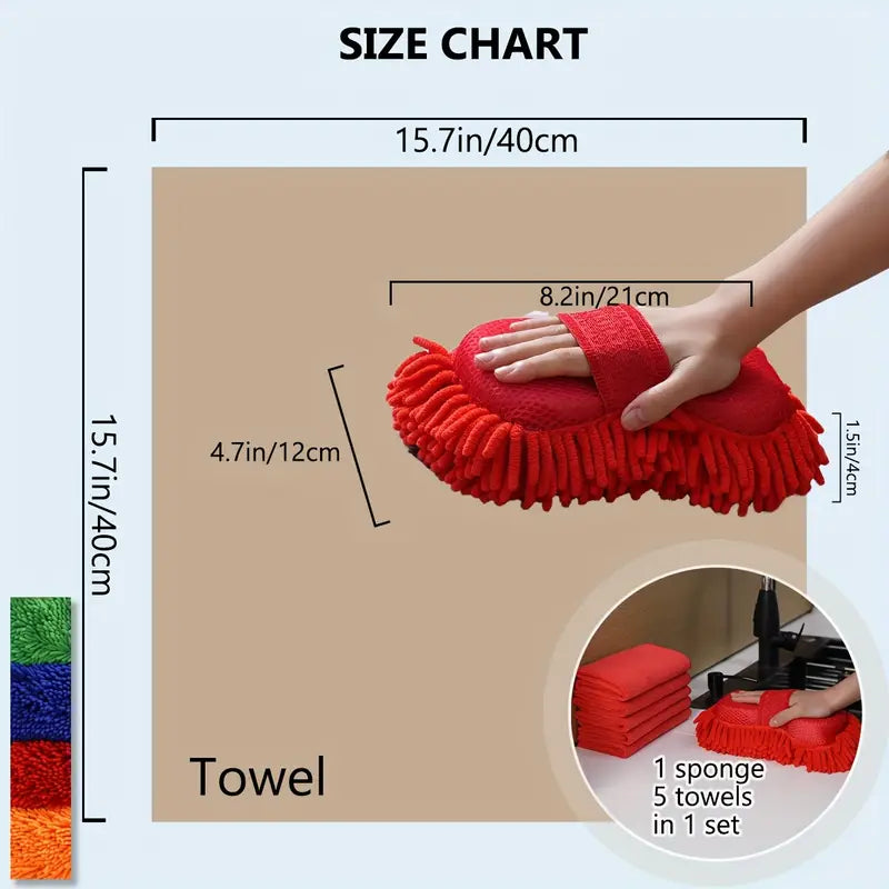 6pcs Microfiber Car Wash Kit - Includes Chenille Sponge & 5 Soft Towels, Scratch-Free & Reusable