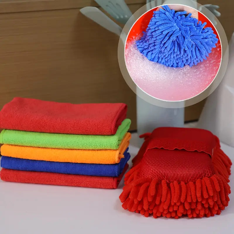 6pcs Microfiber Car Wash Kit - Includes Chenille Sponge & 5 Soft Towels, Scratch-Free & Reusable