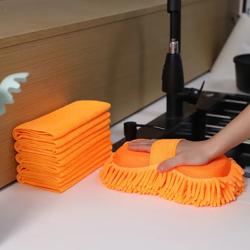 6pcs Microfiber Car Wash Kit - Includes Chenille Sponge & 5 Soft Towels, Scratch-Free & Reusable