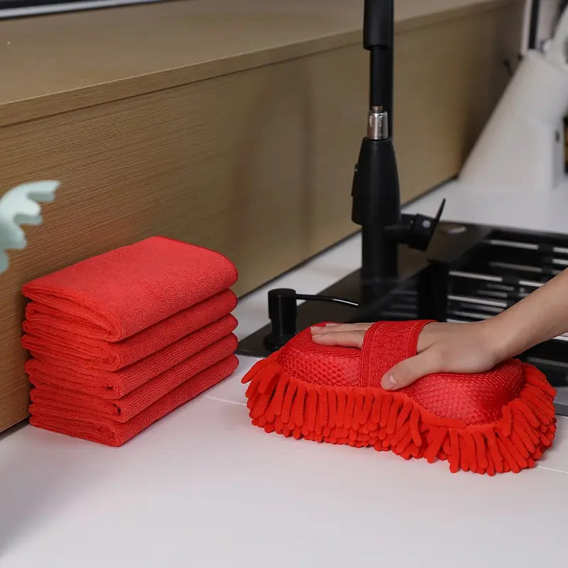 6pcs Microfiber Car Wash Kit - Includes Chenille Sponge & 5 Soft Towels, Scratch-Free & Reusable