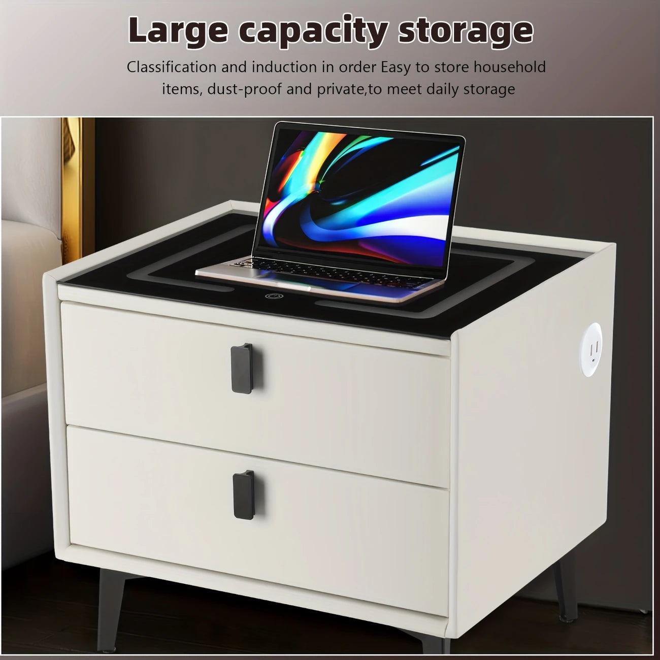 Smart Nightstand with Charging Station & LED Lights, Modern Side Table with Glass Top & 2 Drawers