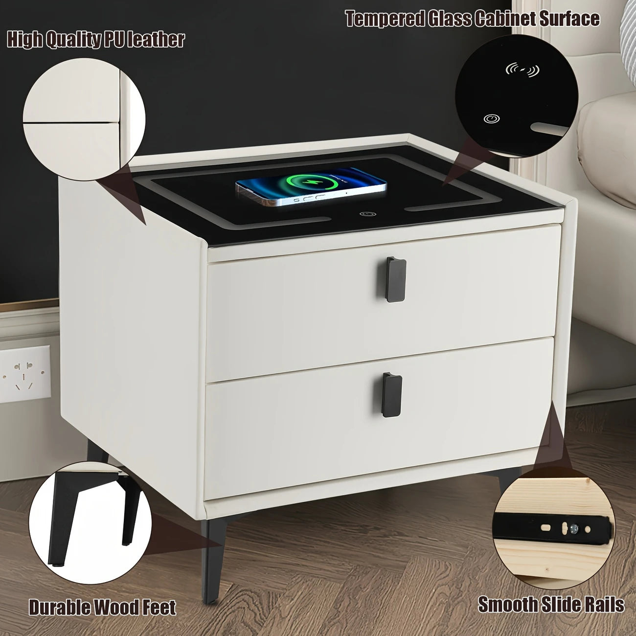 Smart Nightstand with Charging Station & LED Lights, Modern Side Table with Glass Top & 2 Drawers